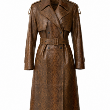 Brown Snake Print Double-Breasted Longline Trench Coat with Belt
