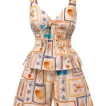 Cream Maritime Print Two-Piece Top and High-Waisted Shorts Set