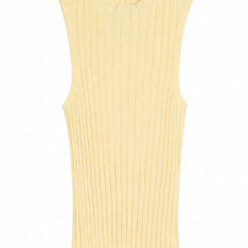 Pale Yellow Sleeveless Ribbed Knit Top with Mock Neck