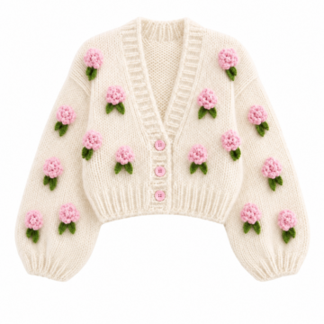 Cream Cropped Knit Cardigan with Pink Floral Appliqués and Balloon Sleeves