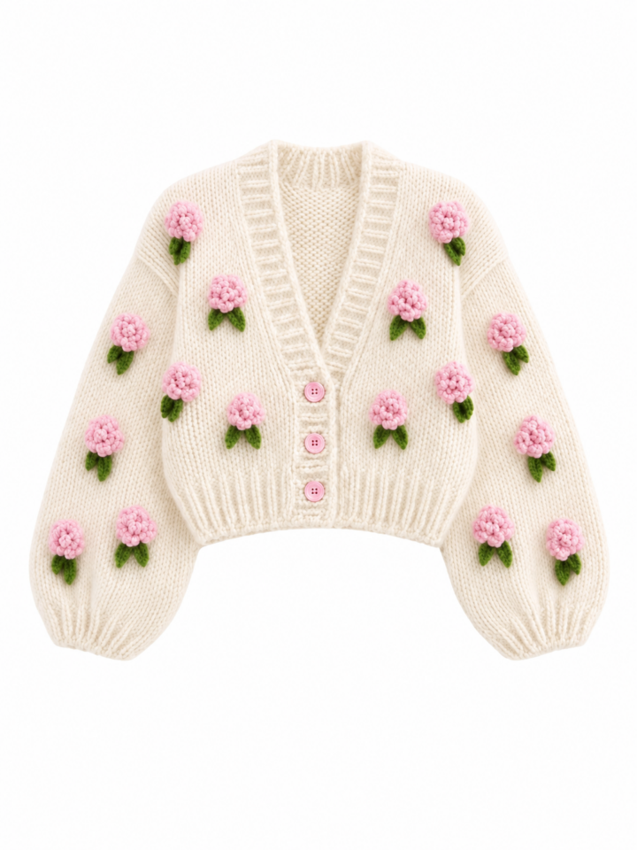 Cream Cropped Knit Cardigan with Pink Floral Appliqués and Balloon Sleeves