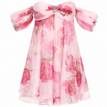 Pink Floral Off-Shoulder Mini Dress with Puff Sleeves