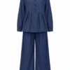 Navy Two-Piece Set with Band Collar Button Top and Wide-Leg Trousers