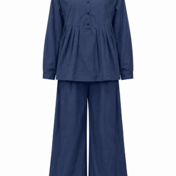 Navy Two-Piece Set with Band Collar Button Top and Wide-Leg Trousers