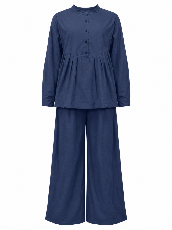 Navy Two-Piece Set with Band Collar Button Top and Wide-Leg Trousers