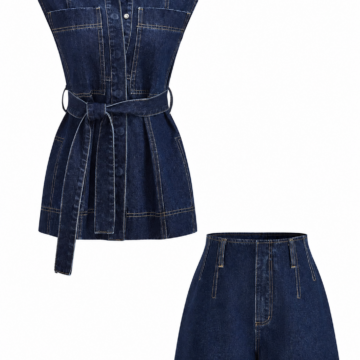 Dark Indigo Denim Two-Piece Set with Collared Top and High-Waisted Shorts