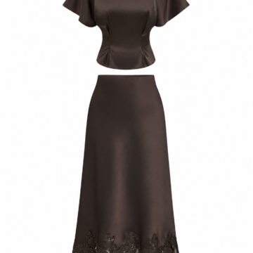Dark Brown Two-Piece Set with Flutter Sleeve Top and Lace Trim Midi Skirt