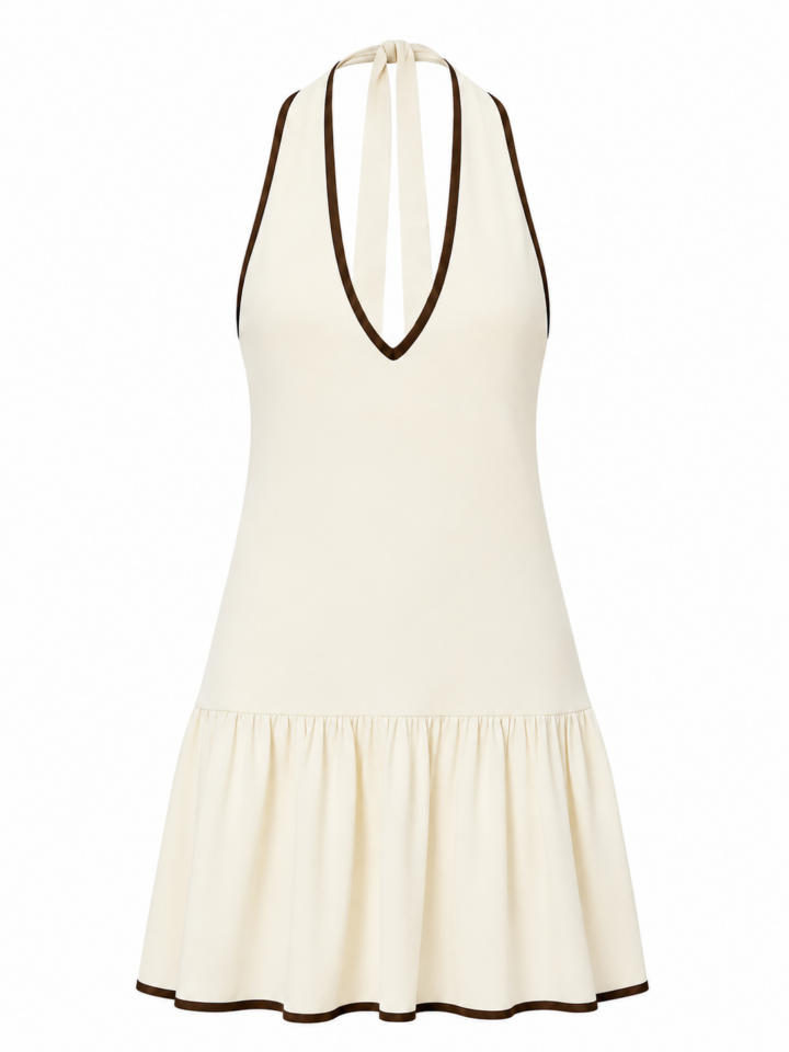 Cream Halter Mini Dress with Brown Contrast Trim