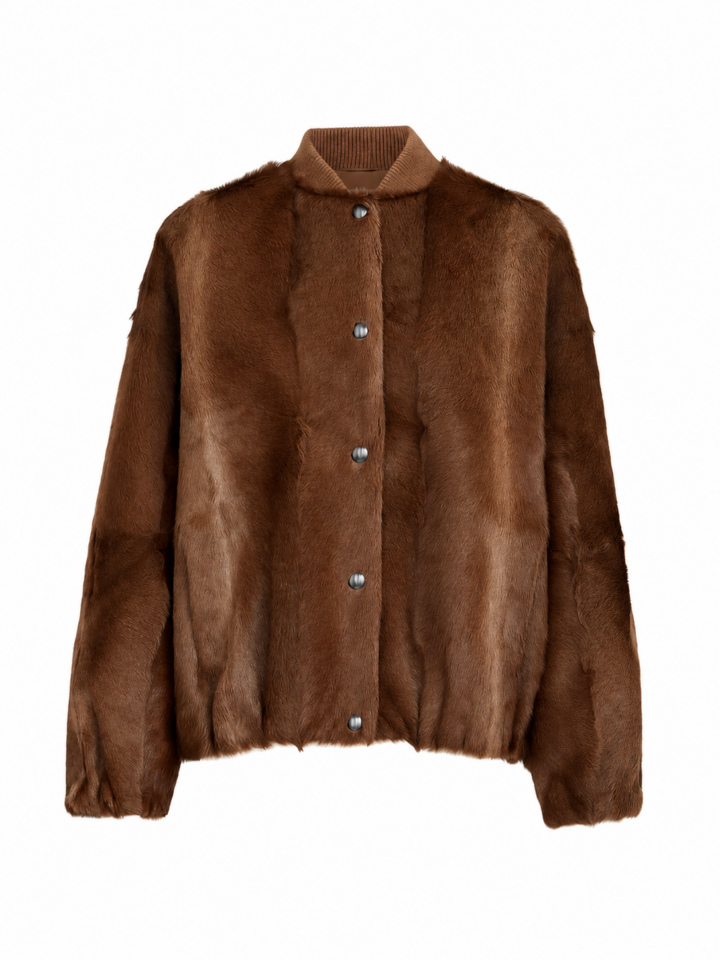 Brown Faux Fur Jacket with Ribbed Knit Collar