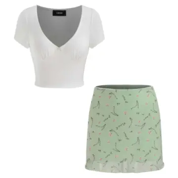 White Crop Top and Sage Floral Mini Skirt Two-Piece Set