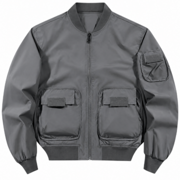 Grey Bomber Jacket with Utility Pockets and Ribbed Trims