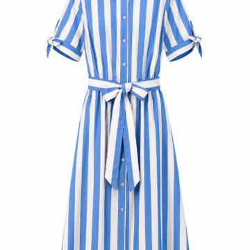 Blue and White Striped Shirt Dress with Tie Belt