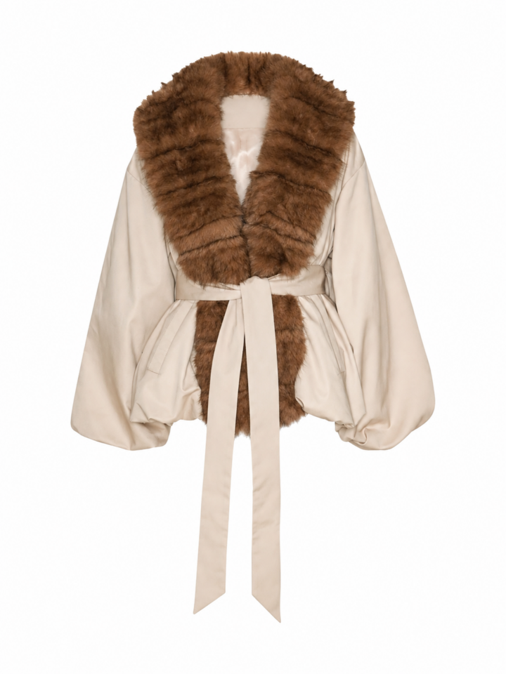 Ivory Faux-Fur Collar Wrap Coat with Balloon Sleeves