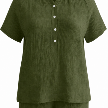 Dark Olive Green Relaxed Two-Piece Set with Raglan Sleeve Top and Cuffed Shorts