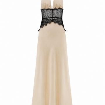 Champagne Halter Maxi Dress with Lace Corset Waist
