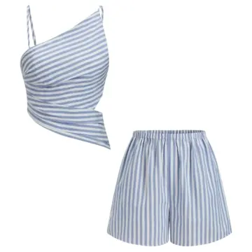 Blue Striped Crop Top and Shorts Two-Piece Set