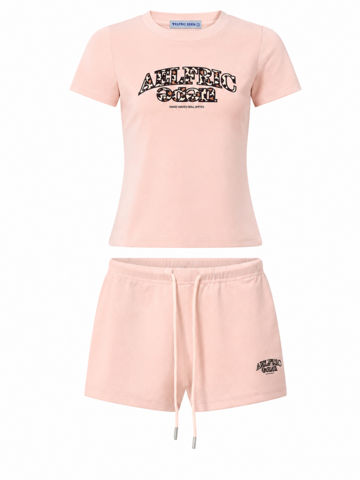 Light Pink Short-Sleeve Top and Shorts Lounge Set with Graphic Print