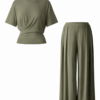 Sage Green Two-Piece Lounge Set with Cropped Top and Wide-Leg Pants