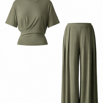 Sage Green Two-Piece Lounge Set with Cropped Top and Wide-Leg Pants