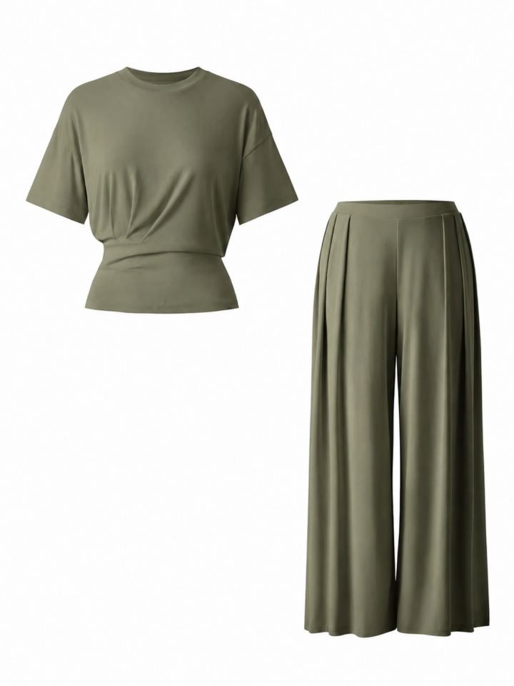 Sage Green Two-Piece Lounge Set with Cropped Top and Wide-Leg Pants