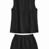 Black Relaxed Fit Two-Piece Set with Sleeveless V-Neck Top and Shorts