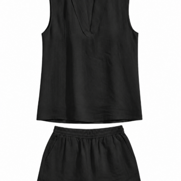 Black Relaxed Fit Two-Piece Set with Sleeveless V-Neck Top and Shorts