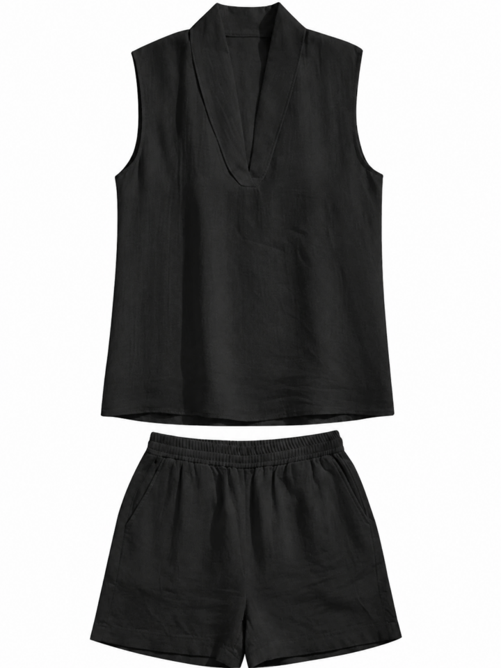 Black Relaxed Fit Two-Piece Set with Sleeveless V-Neck Top and Shorts