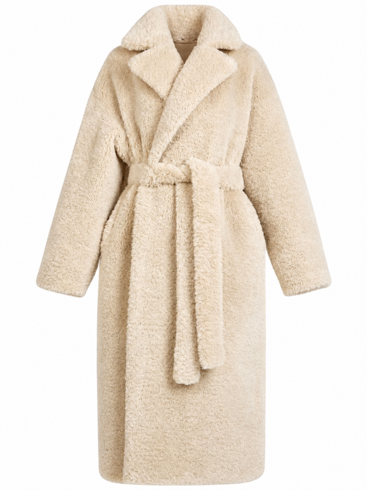 Cream Faux Fur Wrap Coat with Self-Tie Belt