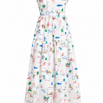 White Travel Print A-line Midi Dress with Straps