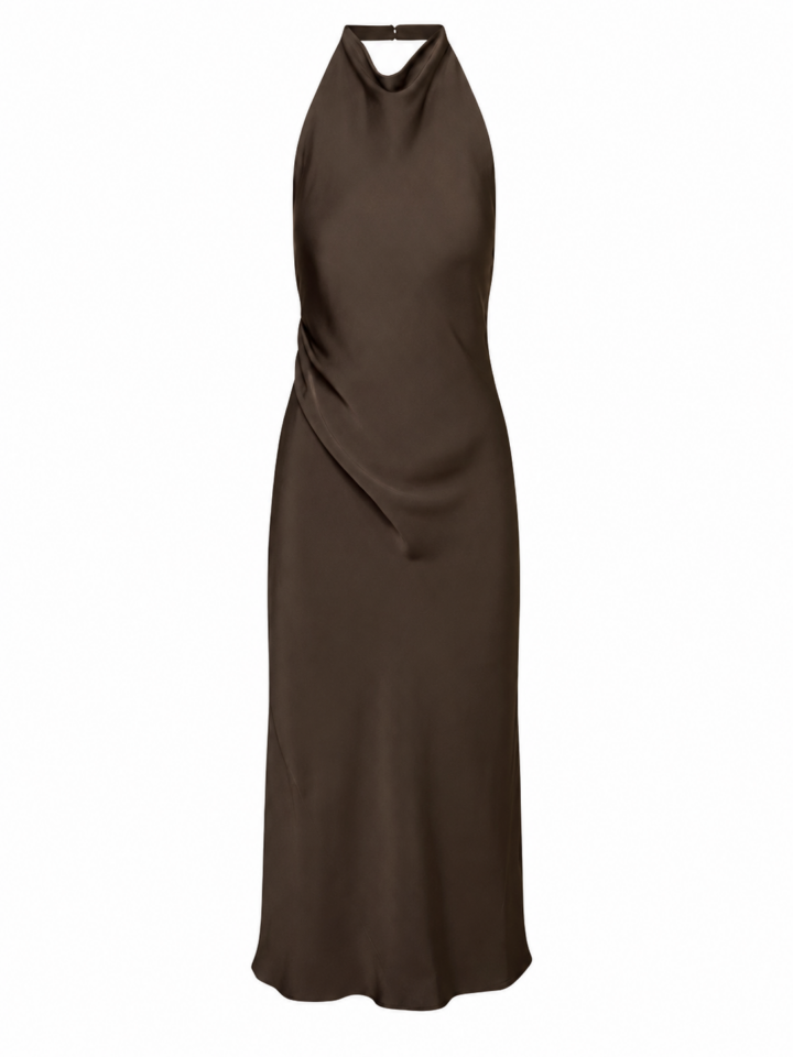 Dark Brown Halter Maxi Dress with Draped Waist