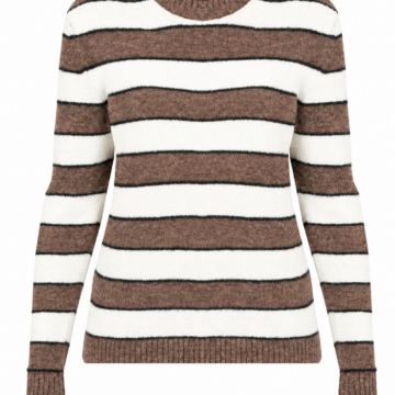 Brown and Off-White Striped Crew Neck Knit Sweater with Brushed Texture