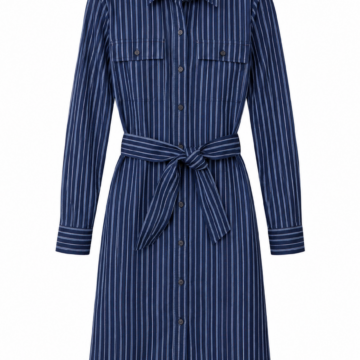 Navy Pinstripe Button-Front Shirt Dress with Tie Belt