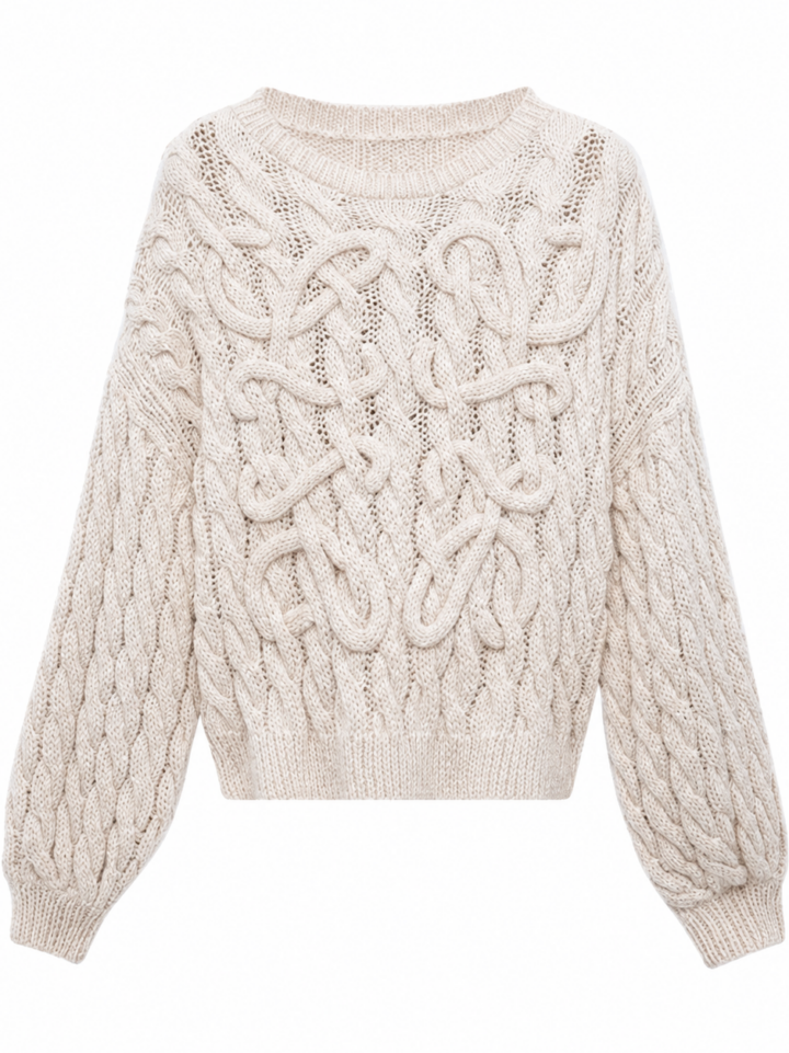 Off-White Chunky Cable Knit Oversized Sweater with Dropped Shoulders