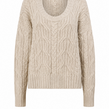 Oatmeal Cable Knit Sweater with Braided Panel and Diamond Pattern