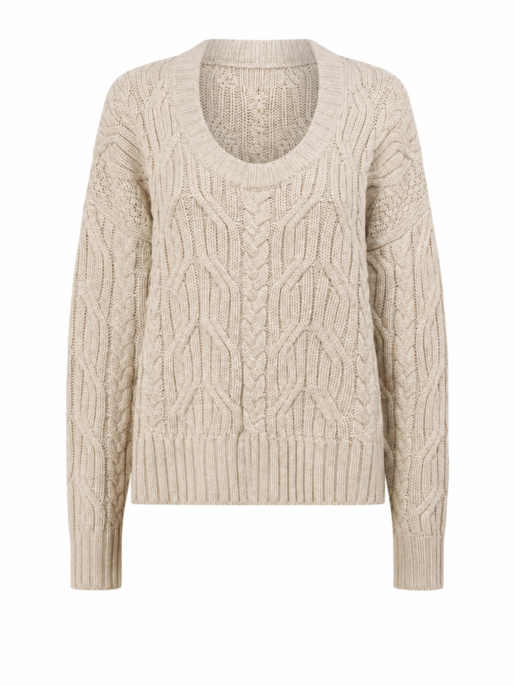 Oatmeal Cable Knit Sweater with Braided Panel and Diamond Pattern