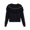 Black Studded Fringed Yoke Regular Fit Knit Sweater