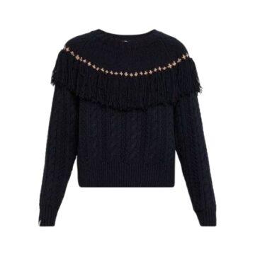 Black Studded Fringed Yoke Regular Fit Knit Sweater