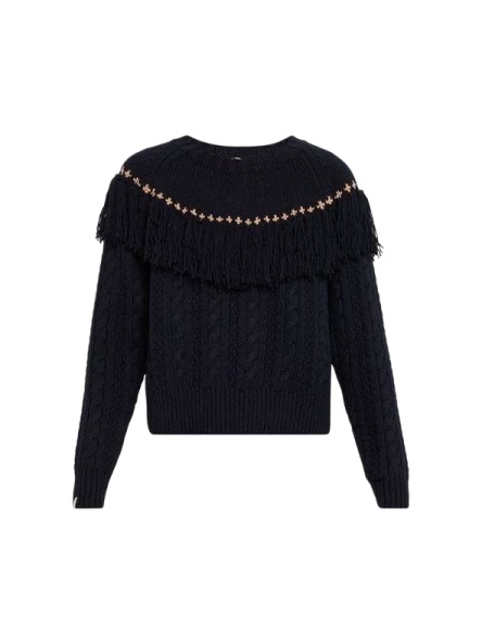 Black Studded Fringed Yoke Regular Fit Knit Sweater