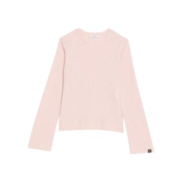 Pale Pink Fine-Knit Crew Neck Sweater with Extra-Long Sleeves