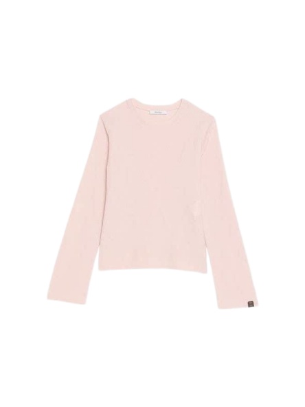 Pale Pink Fine-Knit Crew Neck Sweater with Extra-Long Sleeves